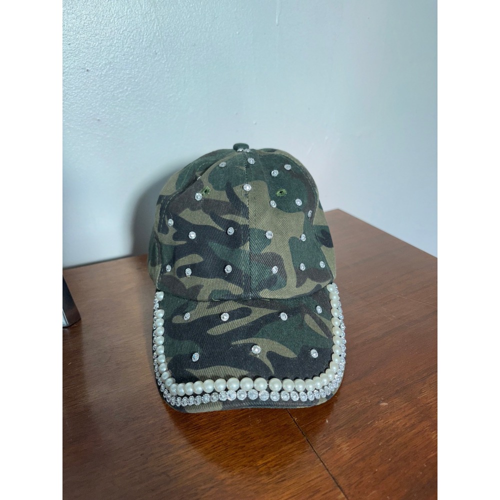 Camo Baseball Hat Womens Sz OS Green Rhinestone Pearl Excellent Bling‎